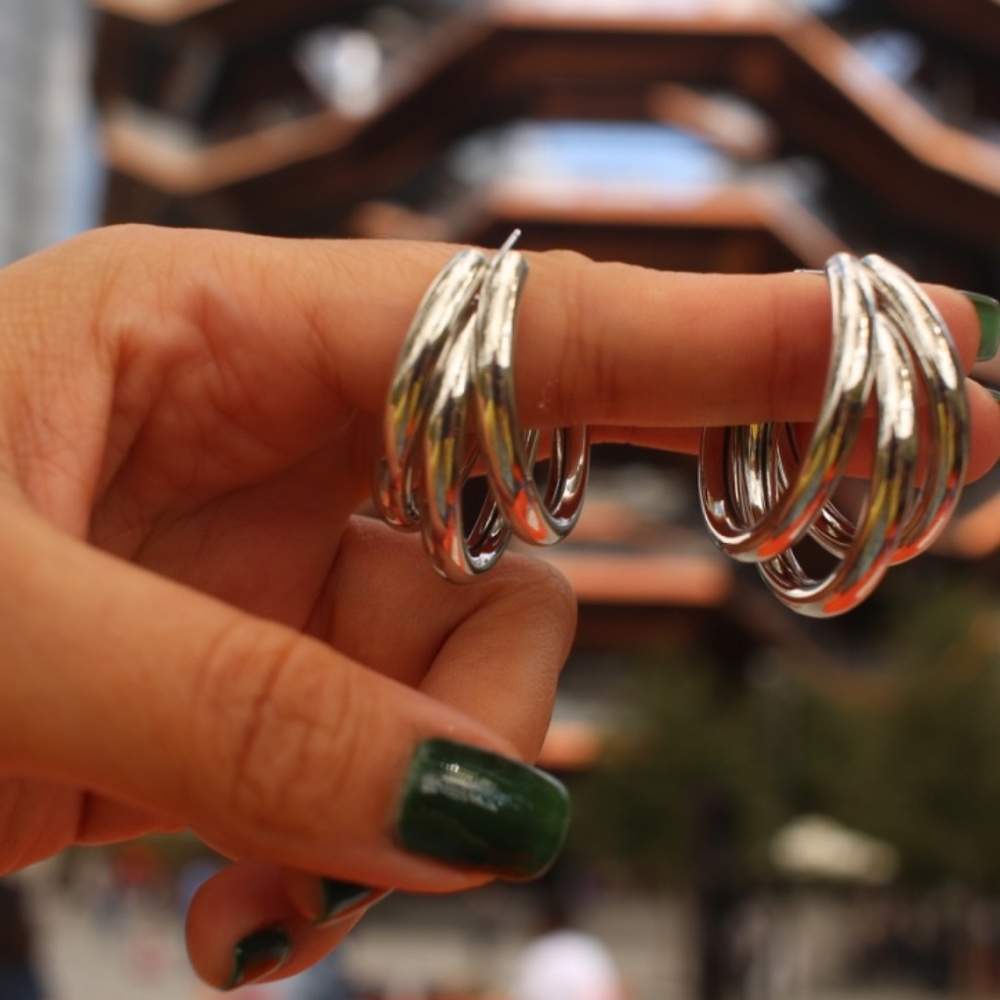 New Luxury SILVER Classic trend triple small hoops - Picture 3 of 7